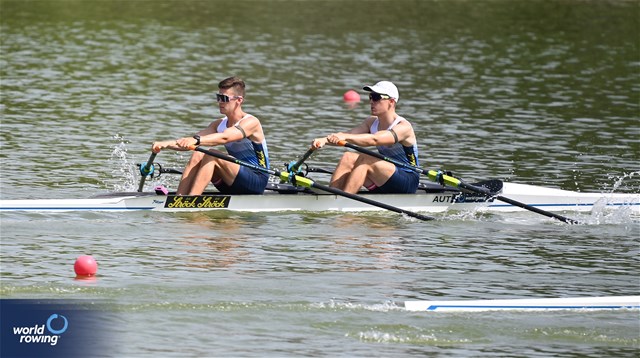 Mathias Mair (b), Elias Hautsch (s), Lightweight Men's Double Sculls, Austria, 2023 World Rowing Under 23 Championships, Plovdiv, Bulgaria © Detlev Seyb / MyRowingPhoto.com