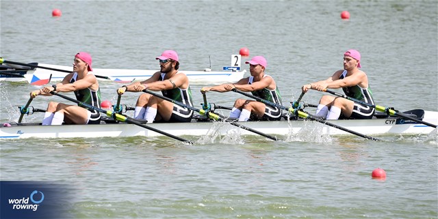 Savvas Georgiou (b), Ioannis Lazarou, Iason Diogenous, Roman Grebenin (s), Men's Quadruple Sculls, Cyprus, 2023 World Rowing Under 23 Championships, Plovdiv, Bulgaria © Detlev Seyb / MyRowingPhoto.com