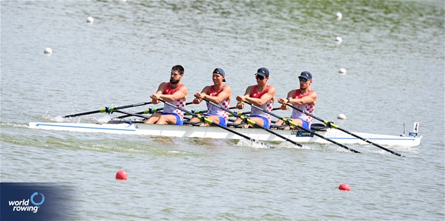 Davor Poljancic (b), Roko Boskovic, Fran Suk, Karlo Borkovic (s), Men's Quadruple Sculls, Croatia, 2023 World Rowing Under 23 Championships, Plovdiv, Bulgaria © Detlev Seyb / MyRowingPhoto.com
