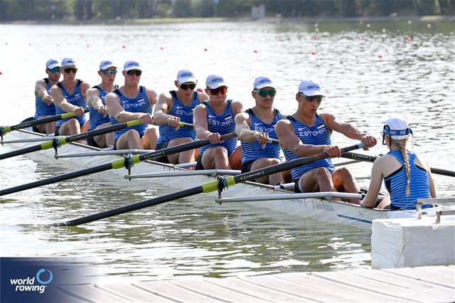 Karl Kristofer Orgse (b), Karl-Joosep Raudkivi, Markus Uibo, Zoglo Nikita, Kaarel Kiiver, Leo Muiste, Uku Siim Timmusk, Mark Theodor Jalakas (s), Gertrud Torra (c), Men's Eight, Estonia, 2023 World Rowing Under 23 Championships, Plovdiv, Bulgaria © Detlev Seyb / MyRowingPhoto.com