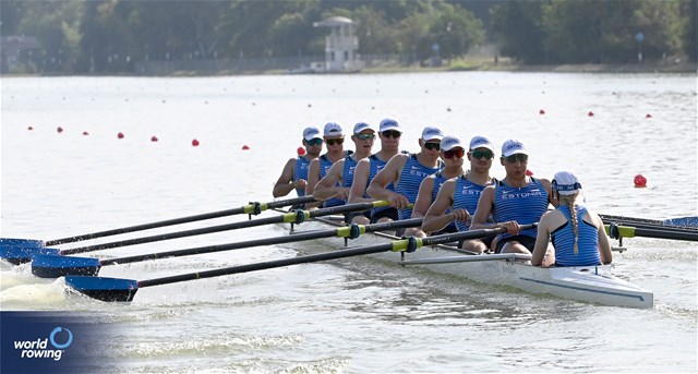 Karl Kristofer Orgse (b), Karl-Joosep Raudkivi, Markus Uibo, Zoglo Nikita, Kaarel Kiiver, Leo Muiste, Uku Siim Timmusk, Mark Theodor Jalakas (s), Gertrud Torra (c), Men's Eight, Estonia, 2023 World Rowing Under 23 Championships, Plovdiv, Bulgaria © Detlev Seyb / MyRowingPhoto.com