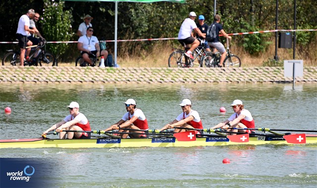 Gian Luca Egli (b), Donat Vonder Muehll, Shamall Suero Santana, Nicolas Berger (s), Men's Quadruple Sculls, Switzerland, 2023 World Rowing Under 23 Championships, Plovdiv, Bulgaria © Detlev Seyb / MyRowingPhoto.com