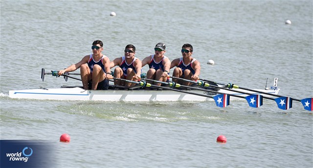 Alonso Poo Venegas (b), Brahim Alvayay Lazcani, Nahuel Fernando Reyes Zenteno, Andoni Habash Bajas (s), Men's Quadruple Sculls, Chile, 2023 World Rowing Under 23 Championships, Plovdiv, Bulgaria © Detlev Seyb / MyRowingPhoto.com