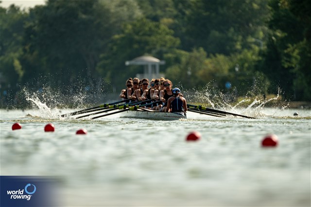 Olivia Vavasour (b), Lauren Day, Dahlia Levine, Lale Edil, Evan Park, Mia Levy, Hannah Heideveld, Megan Lee (s), Victoria Grieder (c), Women's Eight, United States of America, 2023 World Rowing Under 23 Championships, Plovdiv, Bulgaria © World Rowing / Benedict Tufnell