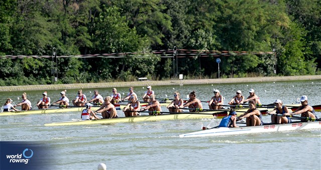 Klara Kerstan (b), Chiara Saccomando, Ricarda Heuser, Antonia Galland, Emilia Fritz, Olivia Clotten, Lene Muehrs, Michelle Lebahn (s), Annalena Fisch (c), Women's Eight, Germany, 2023 World Rowing Under 23 Championships, Plovdiv, Bulgaria © Detlev Seyb / MyRowingPhoto.com
