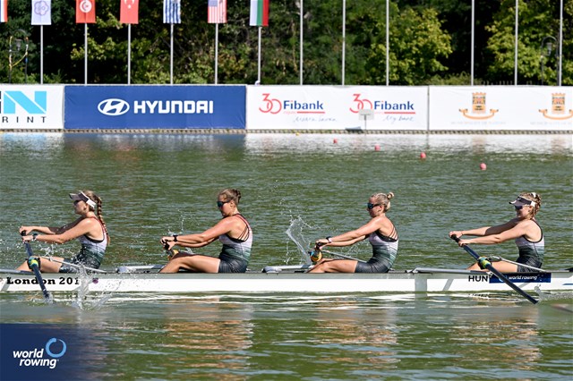 Fanni Fazekas (b), Petra Csanyi, Zsofia Angyal, Szonja Balazs (s), Women's Four, Hungary, 2023 World Rowing Under 23 Championships, Plovdiv, Bulgaria, © Detlev Seyb / MyRowingPhoto.com