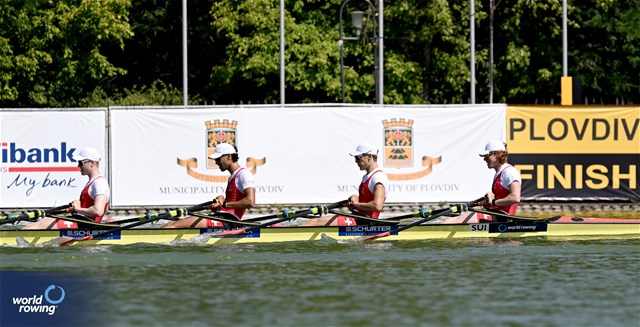 Gian Luca Egli (b), Donat Vonder Muehll, Shamall Suero Santana, Nicolas Berger (s), Men's Quadruple Sculls, Switzerland, 2023 World Rowing Under 23 Championships, Plovdiv, Bulgaria © Detlev Seyb / MyRowingPhoto.com