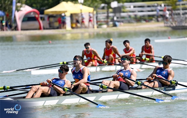Alonso Poo Venegas (b), Brahim Alvayay Lazcani, Nahuel Fernando Reyes Zenteno, Andoni Habash Bajas (s), Men's Quadruple Sculls, Chile, 2023 World Rowing Under 23 Championships, Plovdiv, Bulgaria, © Detlev Seyb / MyRowingPhoto.com