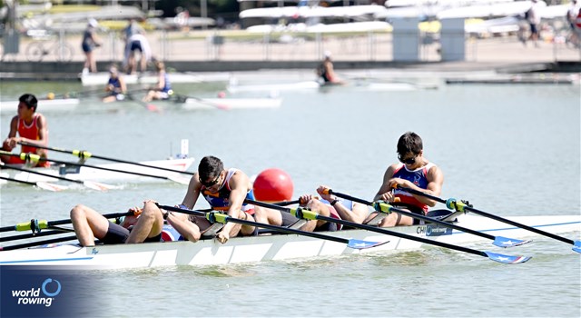 Alonso Poo Venegas (b), Brahim Alvayay Lazcani, Nahuel Fernando Reyes Zenteno, Andoni Habash Bajas (s), Men's Quadruple Sculls, Chile, 2023 World Rowing Under 23 Championships, Plovdiv, Bulgaria, © Detlev Seyb / MyRowingPhoto.com