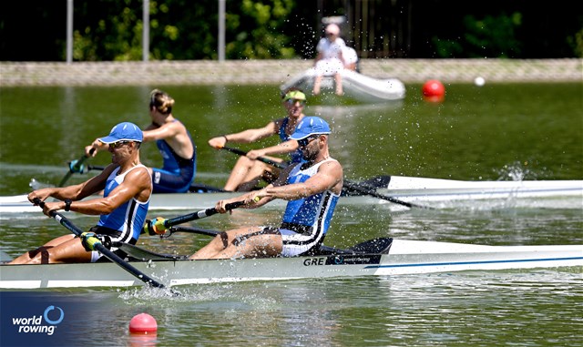 Dimitrios Stasinos (b), Zisis Boukouvalas (s), Men's Pair, Greece, 2023 World Rowing Under 23 Championships, Plovdiv, Bulgaria, © Detlev Seyb / MyRowingPhoto.com