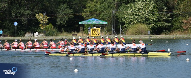 Pleun Bon (b), Iris Van Den Berg, Evie Rademaker, Eleonore Veldman, Iris Klok, Minou Bouman, Lotta Van Westreenen, Fien Van Westreenen (s), Lotte Vedel (c), Women's Eight, Netherlands, 2023 World Rowing Under 23 Championships, Plovdiv, Bulgaria © Detlev Seyb / MyRowingPhoto.com