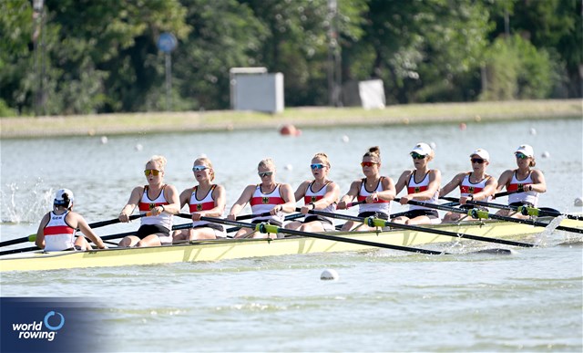 Klara Kerstan (b), Chiara Saccomando, Ricarda Heuser, Antonia Galland, Emilia Fritz, Olivia Clotten, Lene Muehrs, Michelle Lebahn (s), Annalena Fisch (c), Women's Eight, Germany, 2023 World Rowing Under 23 Championships, Plovdiv, Bulgaria © Detlev Seyb / MyRowingPhoto.com