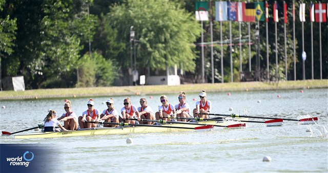 Pleun Bon (b), Iris Van Den Berg, Evie Rademaker, Eleonore Veldman, Iris Klok, Minou Bouman, Lotta Van Westreenen, Fien Van Westreenen (s), Lotte Vedel (c), Women's Eight, Netherlands, 2023 World Rowing Under 23 Championships, Plovdiv, Bulgaria © Detlev Seyb / MyRowingPhoto.com