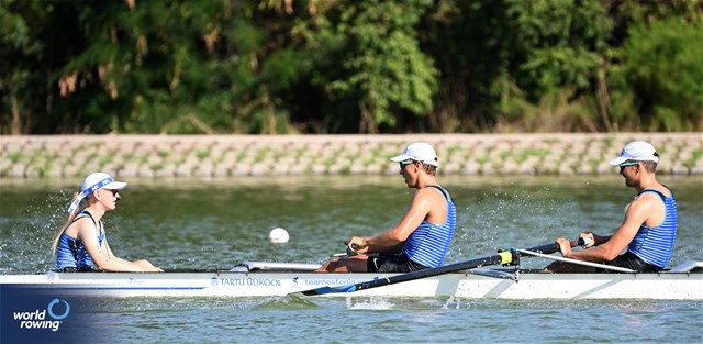 Karl Kristofer Orgse (b), Karl-Joosep Raudkivi, Markus Uibo, Zoglo Nikita, Kaarel Kiiver, Leo Muiste, Uku Siim Timmusk, Mark Theodor Jalakas (s), Gertrud Torra (c), Men's Eight, Estonia, 2023 World Rowing Under 23 Championships, Plovdiv, Bulgaria © Detlev Seyb / MyRowingPhoto.com