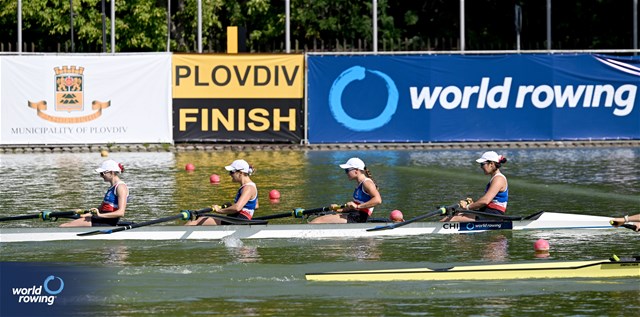 Antonia Leonor Liewald Heise (b), Antonia Pichott, Magdalena Jesus Nannig Rojas, Isidora Niemeyer (s), Women's Four, Chile, 2023 World Rowing Under 23 Championships, Plovdiv, Bulgaria, © Detlev Seyb / MyRowingPhoto.com