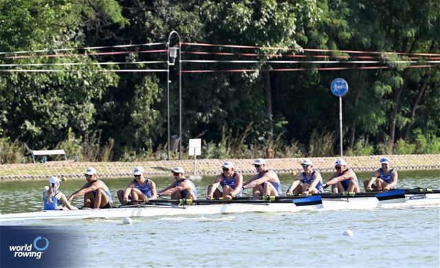 Karl Kristofer Orgse (b), Karl-Joosep Raudkivi, Markus Uibo, Zoglo Nikita, Kaarel Kiiver, Leo Muiste, Uku Siim Timmusk, Mark Theodor Jalakas (s), Gertrud Torra (c), Men's Eight, Estonia, 2023 World Rowing Under 23 Championships, Plovdiv, Bulgaria © Detlev Seyb / MyRowingPhoto.com