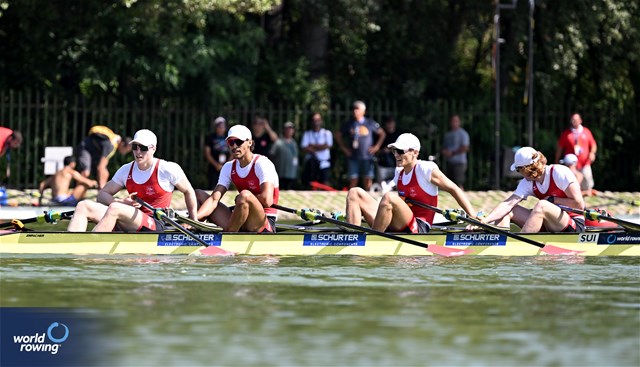 Gian Luca Egli (b), Donat Vonder Muehll, Shamall Suero Santana, Nicolas Berger (s), Men's Quadruple Sculls, Switzerland, 2023 World Rowing Under 23 Championships, Plovdiv, Bulgaria © Detlev Seyb / MyRowingPhoto.com