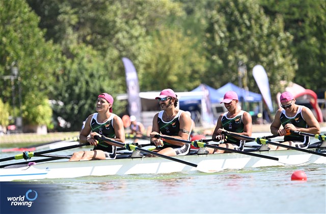 Savvas Georgiou (b), Ioannis Lazarou, Iason Diogenous, Roman Grebenin (s), Men's Quadruple Sculls, Cyprus, 2023 World Rowing Under 23 Championships, Plovdiv, Bulgaria, © Detlev Seyb / MyRowingPhoto.com