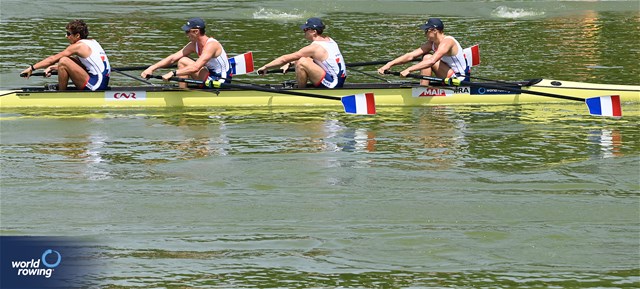 Florian Ludwig (b), Alistair Gicqueau, Nikola Kolarevic, Armand Pfister (s), Men's Four, France, 2023 World Rowing Under 23 Championships, Plovdiv, Bulgaria © Detlev Seyb / MyRowingPhoto.com