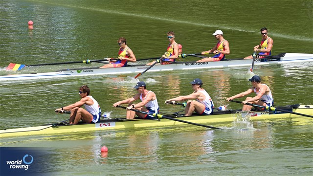 Florian Ludwig (b), Alistair Gicqueau, Nikola Kolarevic, Armand Pfister (s), Men's Four, France, 2023 World Rowing Under 23 Championships, Plovdiv, Bulgaria © Detlev Seyb / MyRowingPhoto.com
