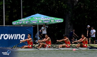 Lucas Keijzer (b), Jelle Bakker, Erik Talens, Wietse Morreau (s), Men's Quadruple Sculls, Netherlands, 2023 World Rowing Under 23 Championships, Plovdiv, Bulgaria © Detlev Seyb / MyRowingPhoto.com