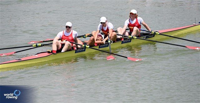 Gian Luca Egli (b), Donat Vonder Muehll, Shamall Suero Santana, Nicolas Berger (s), Men's Quadruple Sculls, Switzerland, 2023 World Rowing Under 23 Championships, Plovdiv, Bulgaria © Detlev Seyb / MyRowingPhoto.com