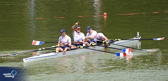 Victor Marcelot (b), Jules Cresson, Yoann Lamiral, Martin Bauer (s), Men's Quadruple Sculls, France, 2023 World Rowing Under 23 Championships, Plovdiv, Bulgaria © Detlev Seyb / MyRowingPhoto.com