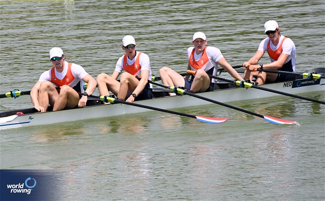 Lucas Keijzer (b), Jelle Bakker, Erik Talens, Wietse Morreau (s), Men's Quadruple Sculls, Netherlands, 2023 World Rowing Under 23 Championships, Plovdiv, Bulgaria © Detlev Seyb / MyRowingPhoto.com