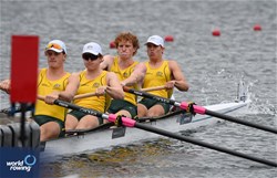 Oscar St Pierre (b), Tane Potts, Doogal Mckenzie, Joseph Lynch (s), Ryder Taylor (c), Men's Coxed Four, Australia, 2023 World Rowing Under 19 Championships, Paris, France © Maren Derlien / MyRowingPhoto.com