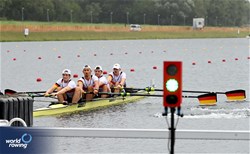 Leon Gronbach (b), Sebastian Hopf, Levin Burkhart, Amadeus Maus (s), Leonard Rieth (c), Men's Coxed Four, Germany, 2023 World Rowing Under 19 Championships, Paris, France © Maren Derlien / MyRowingPhoto.com