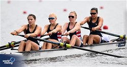 Ella Wheeler (b), Rebecca Stelmach, Delaney Lundberg, Carly Brown (s), Lucy Herrick (c), Women's Coxed Four, United States of America, 2023 World Rowing Under 19 Championships, Paris, France © Detlev Seyb / MyRowingPhoto.com