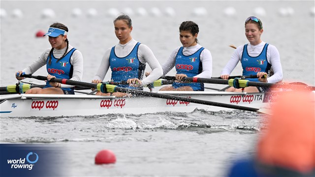 Giulia Zaffanella (b), Matilde Orsetti, Giulia Orefice, Marta Orefice (s), Margherita Fanchi (c), Women's Coxed Four, Italy, 2023 World Rowing Under 19 Championships, Paris, France © Detlev Seyb / MyRowingPhoto.com