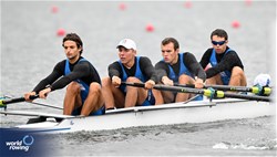 Natan Sartor (b), Filippo Bancora, Guglielmo Melegari, Francesco Garruccio (s), Riccardo Doni (c), Men's Coxed Four, Italy, 2023 World Rowing Under 19 Championships, Paris, France © Detlev Seyb / MyRowingPhoto.com