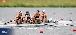 Kyle Fox (b), John Salvi, Keenan Heinz, Leo Shetler (s), George Bentley (c), Men's Coxed Four, United States of America, 2023 World Rowing Under 19 Championships, Paris, France © Detlev Seyb / MyRowingPhoto.com