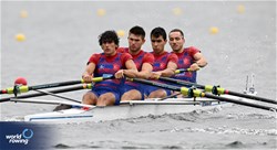 Erdem Ahmet (b), Yigit Yasar Dogruok, Gokmen Kaan Sezer, Yusuf Ziya Ates (s), Selin Boz (c), Men's Coxed Four, Turkiye, 2023 World Rowing Under 19 Championships, Paris, France © Detlev Seyb / MyRowingPhoto.com