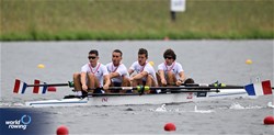 Giulio Martins - Campina (b), Thomas Ducept, Bartolomeo Vosgien, Pierre Grais (s), Theo Ruggeri (c), Men's Coxed Four, France, 2023 World Rowing Under 19 Championships, Paris, France © Detlev Seyb / MyRowingPhoto.com