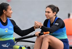 Brenda Freitas (b), Ana Julia Ferreira (s), Women's Pair, Brazil, 2023 World Rowing Under 19 Championships, Paris, France © Detlev Seyb / MyRowingPhoto.com
