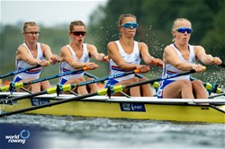 Eloise Etherington (b), Olivia Cheesmur, Chloe Sheppard, Lily Martin (s), Women's Quadruple Sculls, Great Britain, 2023 World Rowing Under 19 Championships, Paris, France © World Rowing / Benedict Tufnell