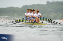 Alexander Patton (b), Nathaniel Gauden, Harry Ruinet, Jack Cadwallader (s), Men's Quadruple Sculls, Great Britain, 2023 World Rowing Under 19 Championships, Paris, France © World Rowing / Benedict Tufnell