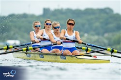 Martha Shepherd (b), Rhiannon Luke, Violet Holbrow-Brooksbank, Madeleine Greenstock (s), Women's Four, Great Britain, 2023 World Rowing Under 19 Championships, Paris, France © World Rowing / Benedict Tufnell