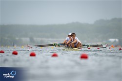 Kai Schlottmann (b), Alexander Perkins, Maximilian Peel, Philip Wolfensberger (s), Men's Four, Great Britain, 2023 World Rowing Under 19 Championships, Paris, France © World Rowing / Benedict Tufnell