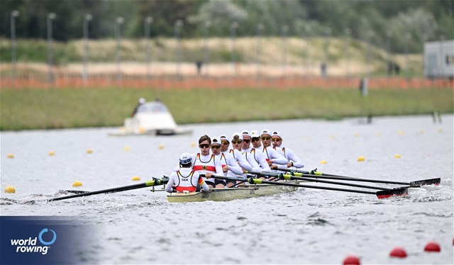 Franz Rudolph (b), Tom Olbrich, Lasse Junge, Leo Fischer, Moritz Mueller, Bilal Hamini, Jannes Korthals, Daniel Hopf (s), Sadeepa Jagoda (c), Men's Eight, Germany, 2023 World Rowing Under 19 Championships, Paris, France © Detlev Seyb / MyRowingPhoto.com