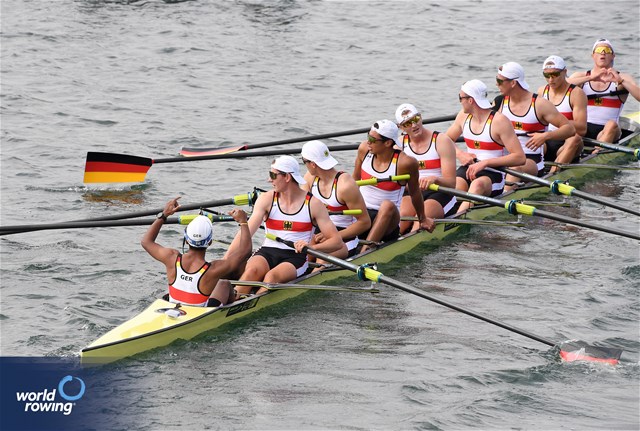 Franz Rudolph (b), Tom Olbrich, Lasse Junge, Leo Fischer, Moritz Mueller, Bilal Hamini, Jannes Korthals, Daniel Hopf (s), Sadeepa Jagoda (c), Men's Eight, Germany, 2023 World Rowing Under 19 Championships, Paris, France © Maren Derlien / MyRowingPhoto.com
