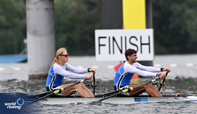 Nikolaos Cholopoulos (b), Dimitrios Papazoglou (s), Men's Double Sculls, Greece, 2023 World Rowing Under 19 Championships, Paris, France © Detlev Seyb / MyRowingPhoto.com