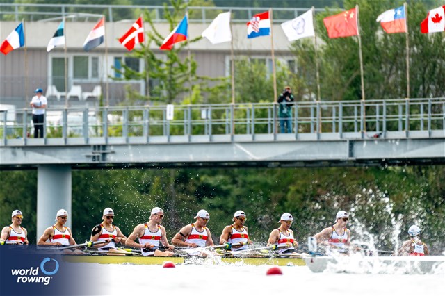 Franz Rudolph (b), Tom Olbrich, Lasse Junge, Leo Fischer, Moritz Mueller, Bilal Hamini, Jannes Korthals, Daniel Hopf (s), Sadeepa Jagoda (c), Men's Eight, Germany, 2023 World Rowing Under 19 Championships, Paris, France © World Rowing / Benedict Tufnell