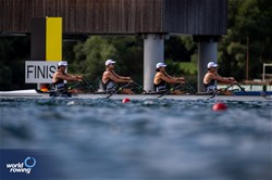 Jack Clark (b), Maximilian Ericson, Marley Kingsmith, Justin Smyth (s), Men's Quadruple Sculls, New Zealand, 2023 World Rowing Under 19 Championships, Paris, France © World Rowing / Benedict Tufnell