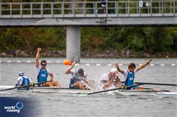 Natan Sartor (b), Filippo Bancora, Guglielmo Melegari, Francesco Garruccio (s), Riccardo Doni (c), Men's Coxed Four, Italy, 2023 World Rowing Under 19 Championships, Paris, France © World Rowing / Benedict Tufnell
