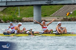 Leon Gronbach (b), Sebastian Hopf, Levin Burkhart, Amadeus Maus (s), Leonard Rieth (c), Men's Coxed Four, Germany, 2023 World Rowing Under 19 Championships, Paris, France © World Rowing / Benedict Tufnell