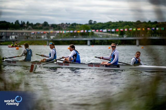 Giulia Zaffanella (b), Matilde Orsetti, Giulia Orefice, Marta Orefice (s), Margherita Fanchi (c), Women's Coxed Four, Italy, 2023 World Rowing Under 19 Championships, Paris, France © World Rowing / Benedict Tufnell