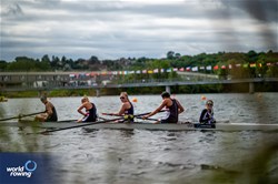 Ella Wheeler (b), Rebecca Stelmach, Delaney Lundberg, Carly Brown (s), Lucy Herrick (c), Women's Coxed Four, United States of America, 2023 World Rowing Under 19 Championships, Paris, France © World Rowing / Benedict Tufnell